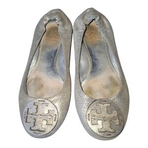 Tory Burch Women's Reva Mettalic Shimmer Silver Leather Ballet Flats Sz 6 1/2 M